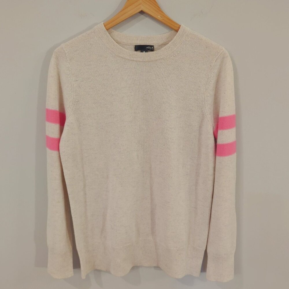Chaps Women's Crew Neck Sweater - Cream with Pink Stripes